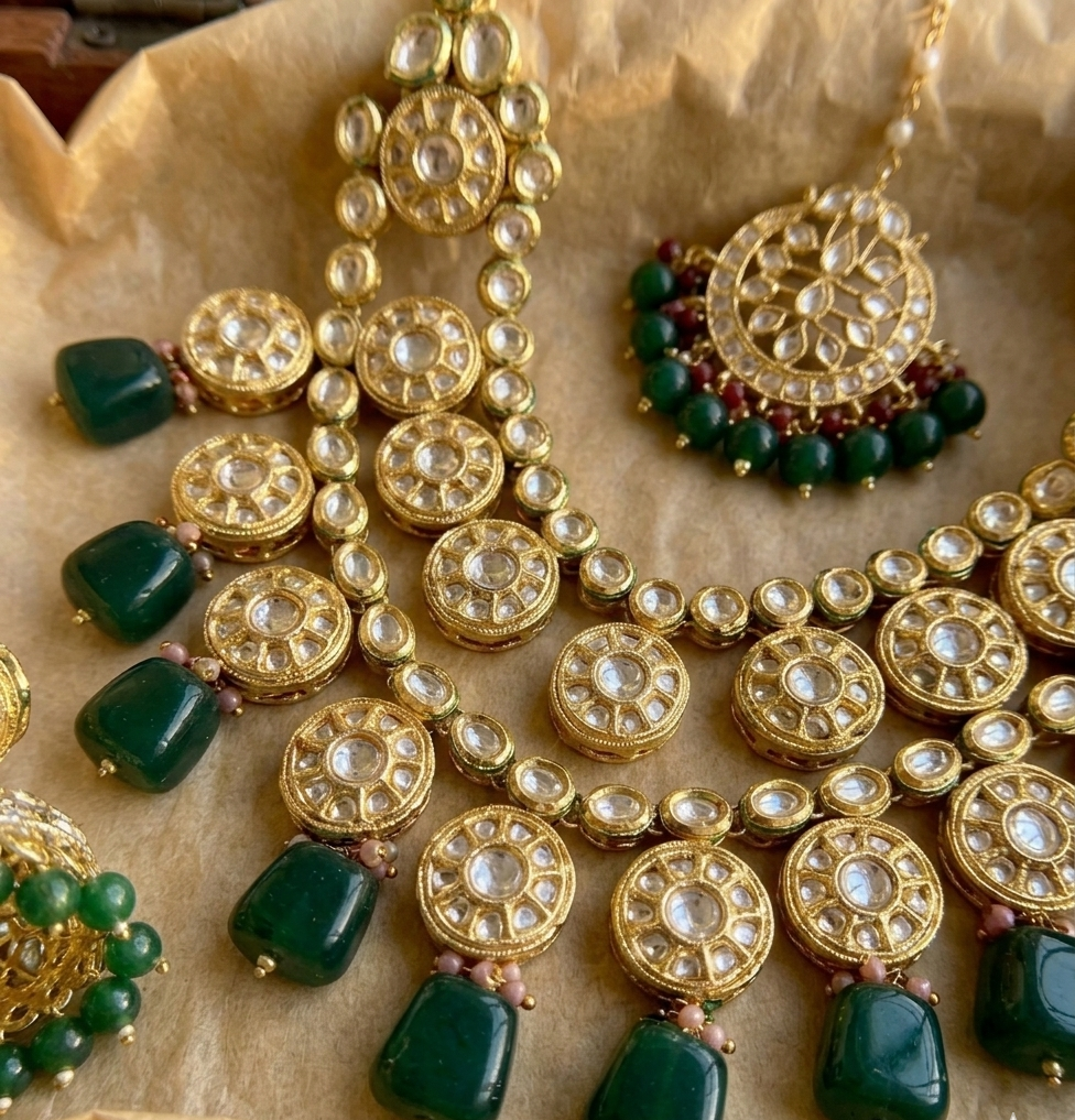 Kalratri bridal necklace set | Kundan Bridal Necklace Set with Jhumka Earrings, Maang Tikka, Sheesh Patti and Nath