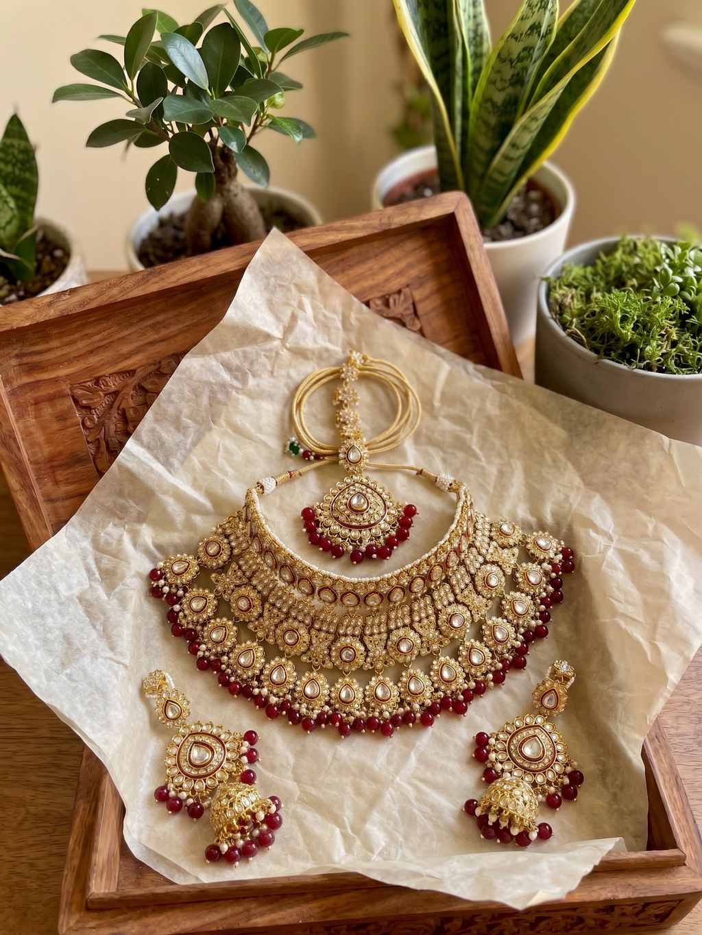 Lalitha bridal set | Bridal Kundan Choker Necklace Set with Jhumka Earrings, Gold-Toned, Maroon Beads, Traditional Indian Jewellery