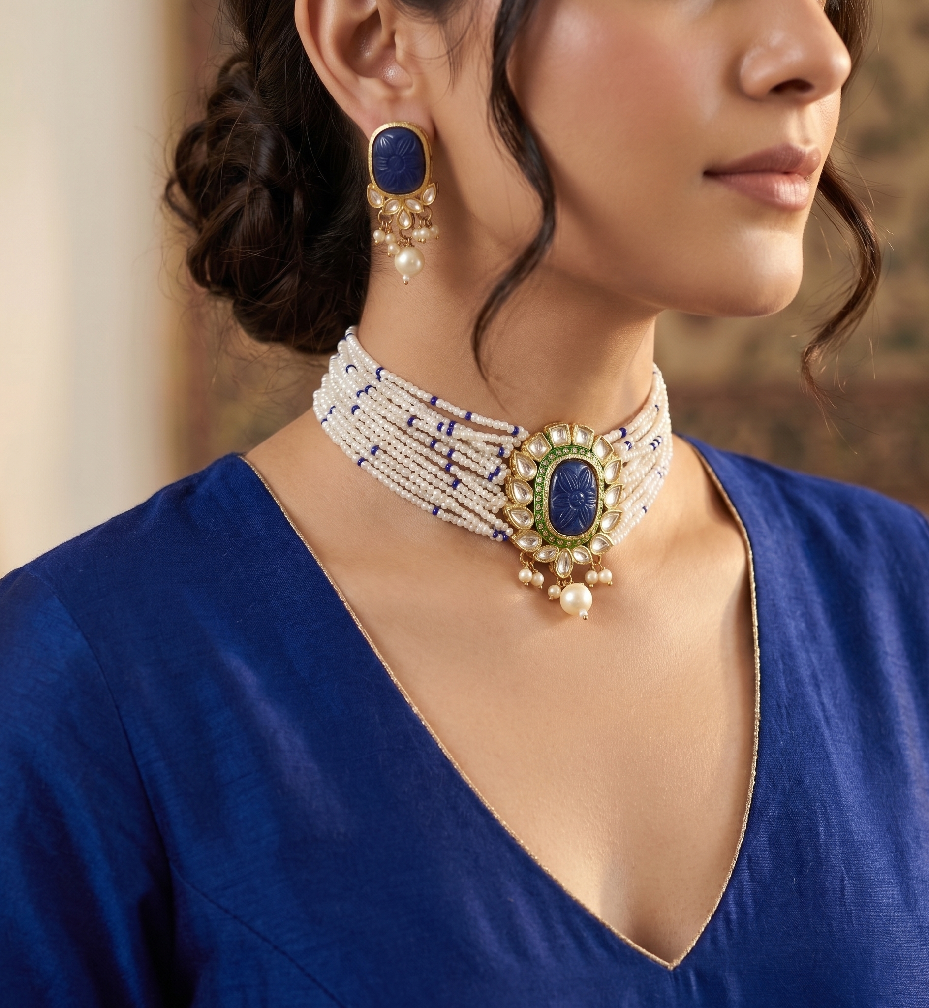 Beena pearl choker set | Kundan Necklace Set with Pearl Beads, Blue Carved Stone Pendant, Gold-Toned Traditional Jewellery