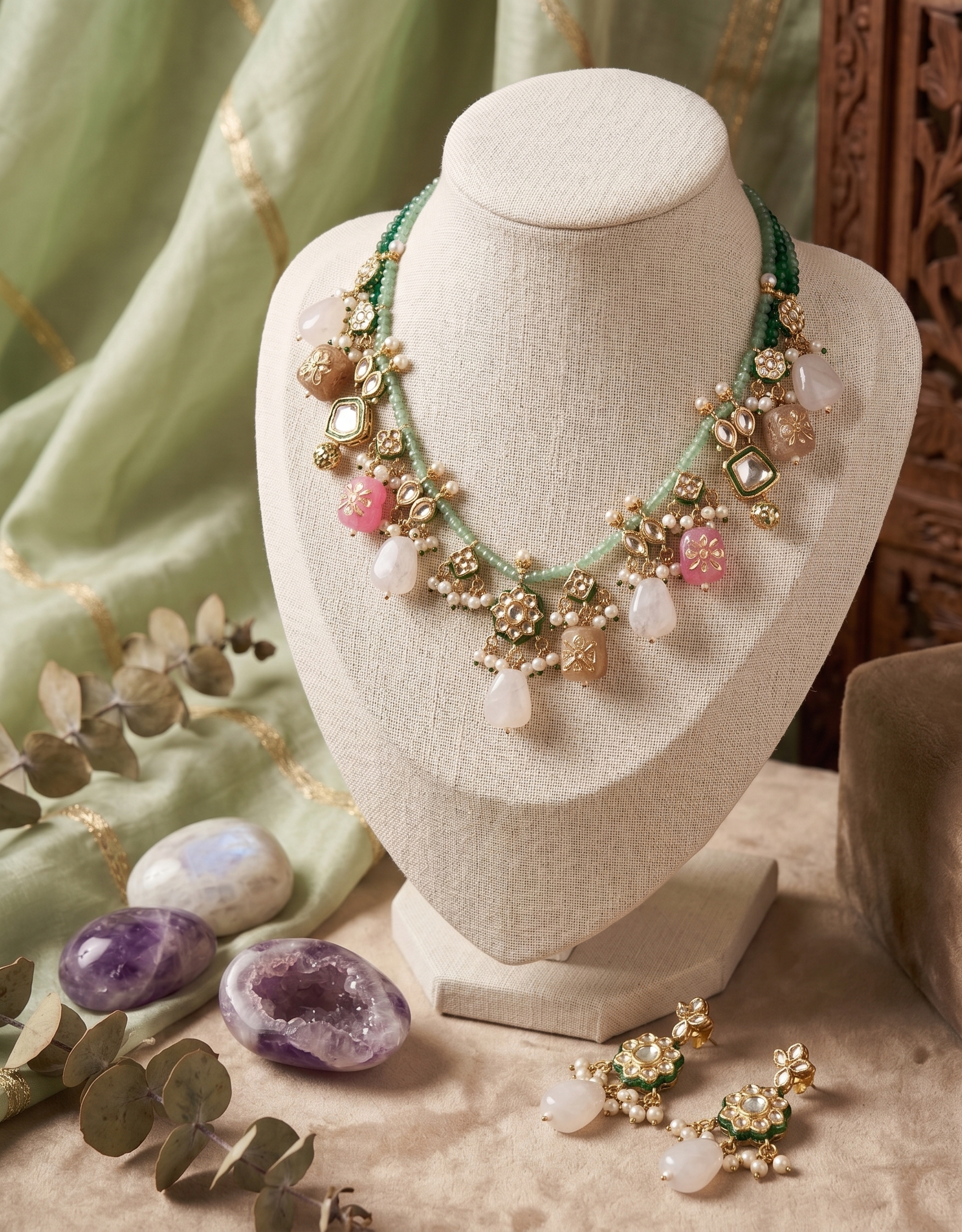 Shailputri Kundan Necklace and Earring Set with Green Beads, Pink and White Stones, Pearl Drops, Golden-Toned