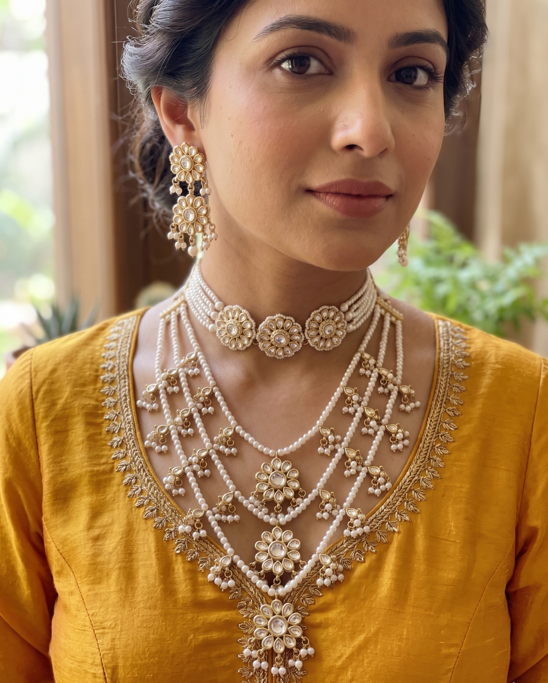 Abhilasha Kundan Choker Necklace and Strand Necklace with Earrings, Gold-Toned with Pearl Drops, Bridal Jewellery | Set of 2 necklace sets