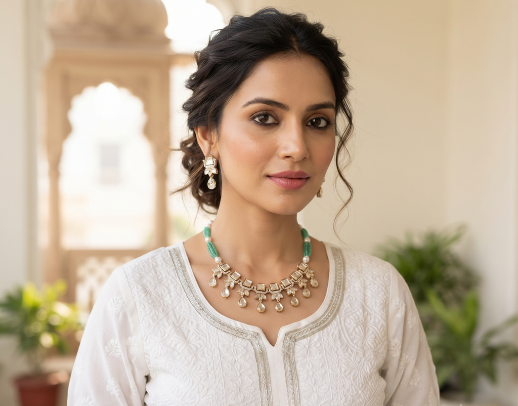 Maahi Elegant Mint Green & Silver-Tone Kundan Necklace Set