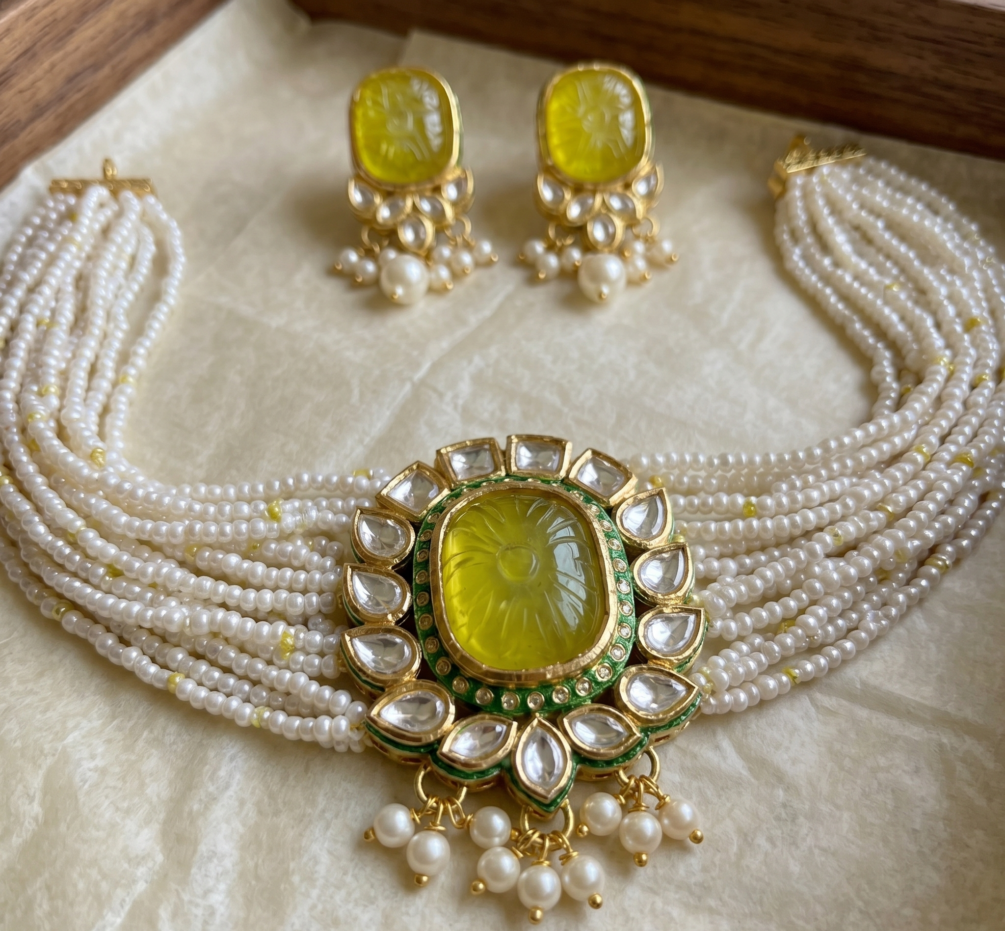 Chandni pearl choker set with yellow centre stone