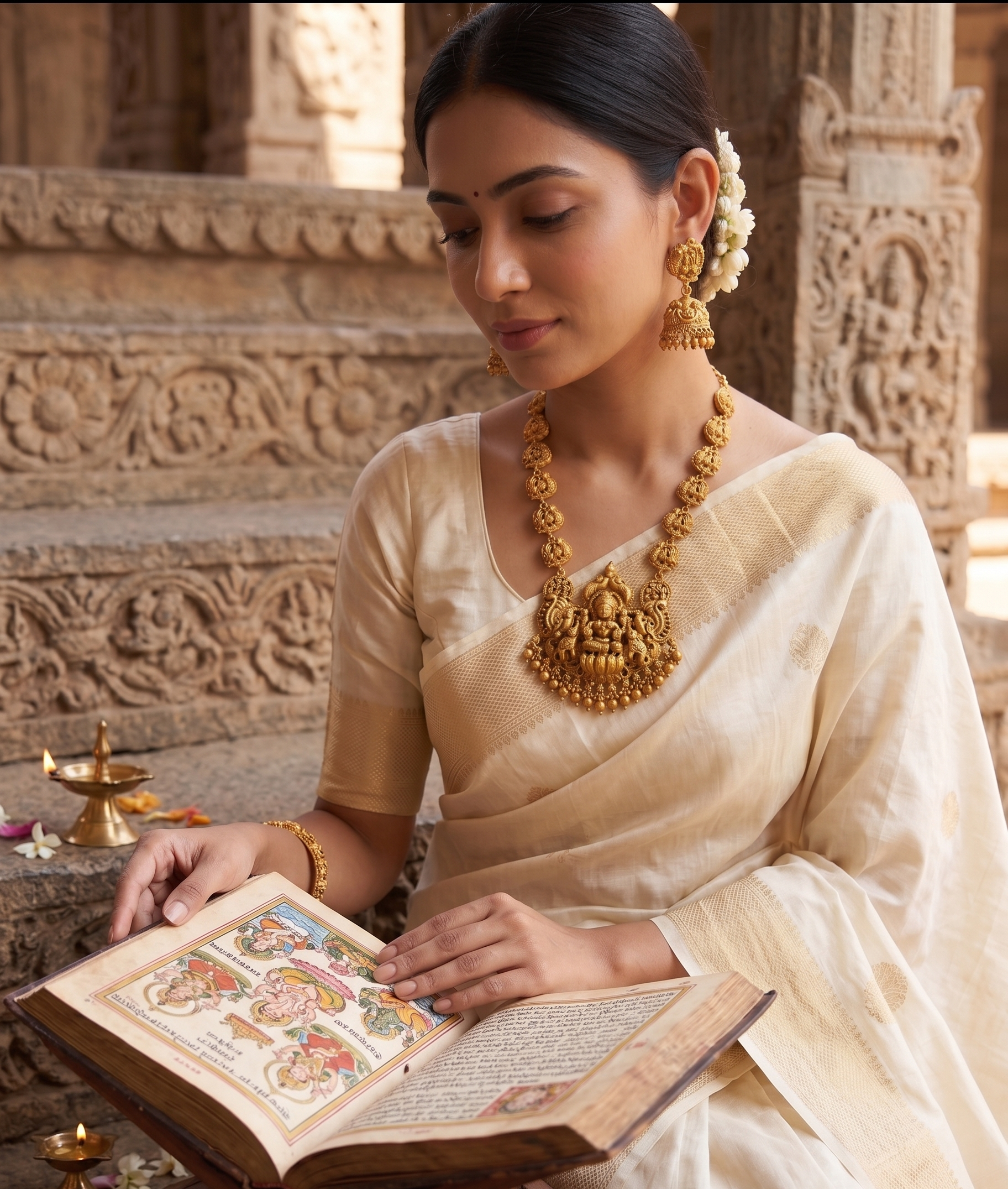Siddheshwari long temple necklace set | Antique Golden Temple Jewellery Lakshmi Long Haram Necklace Set with Jhumka Earrings, Traditional Bridal