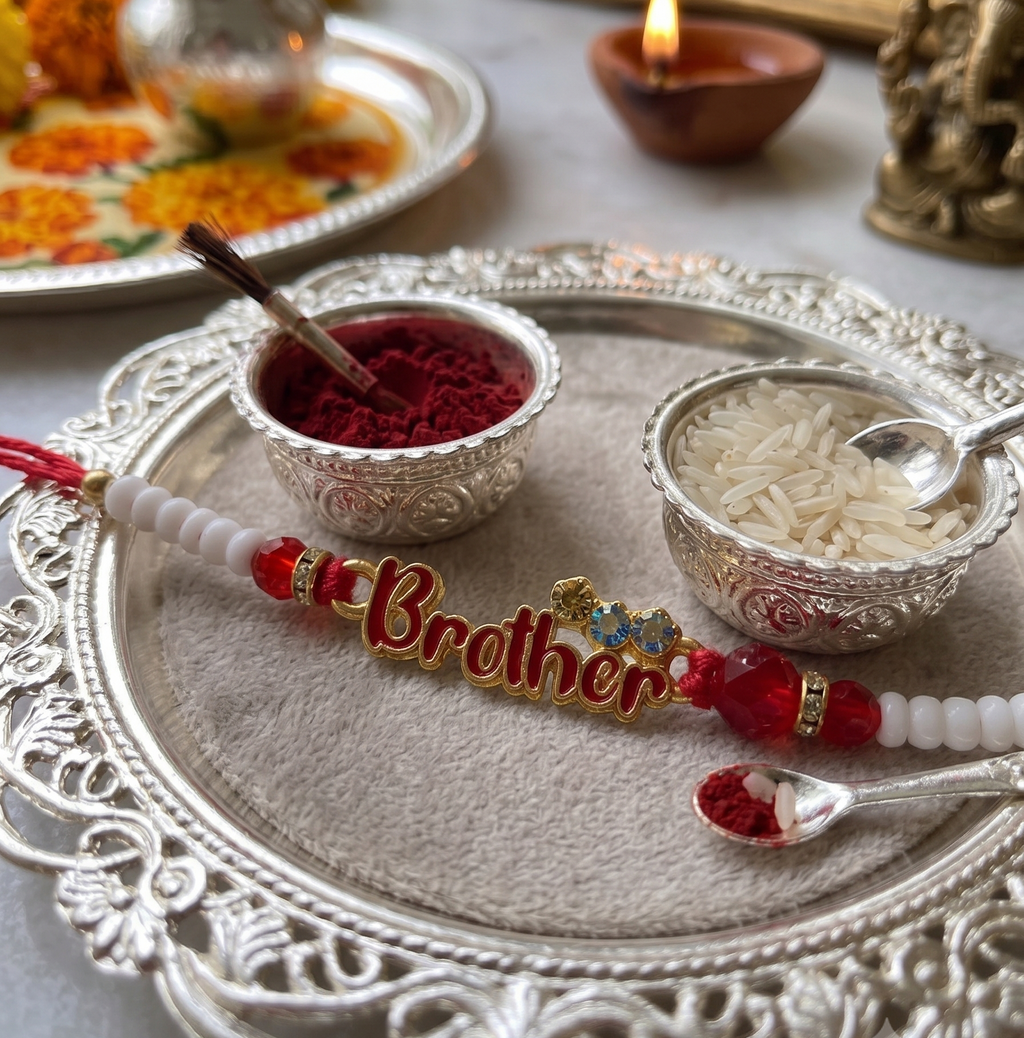 TNT -Design Handmade Red & White Beaded "Brother" Rakhi