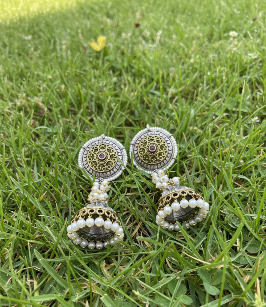 Anandi oxidised jhumkis with tiny pearl strands