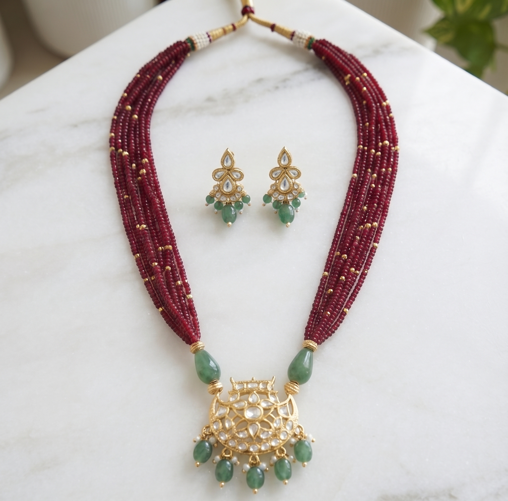 Dhaani Elegant Ruby & Green Beaded Necklace Set | Long kundan necklace
