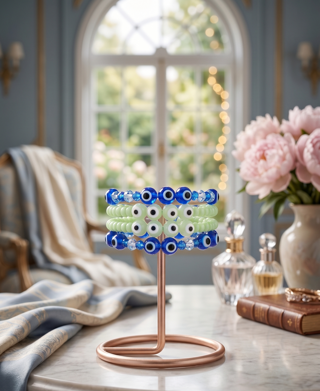 Evil Eye Beaded Bracelet Set, Blue and Green, Crystal and Glass Beads, Stackable, 4 Pieces