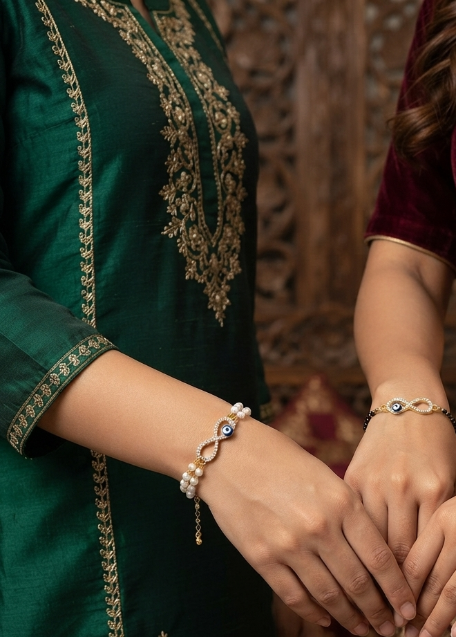 Evil Eye Infinity Bracelets for Women | Mangalsutra Bracelet and Pearl Bracelet| Pack of 2