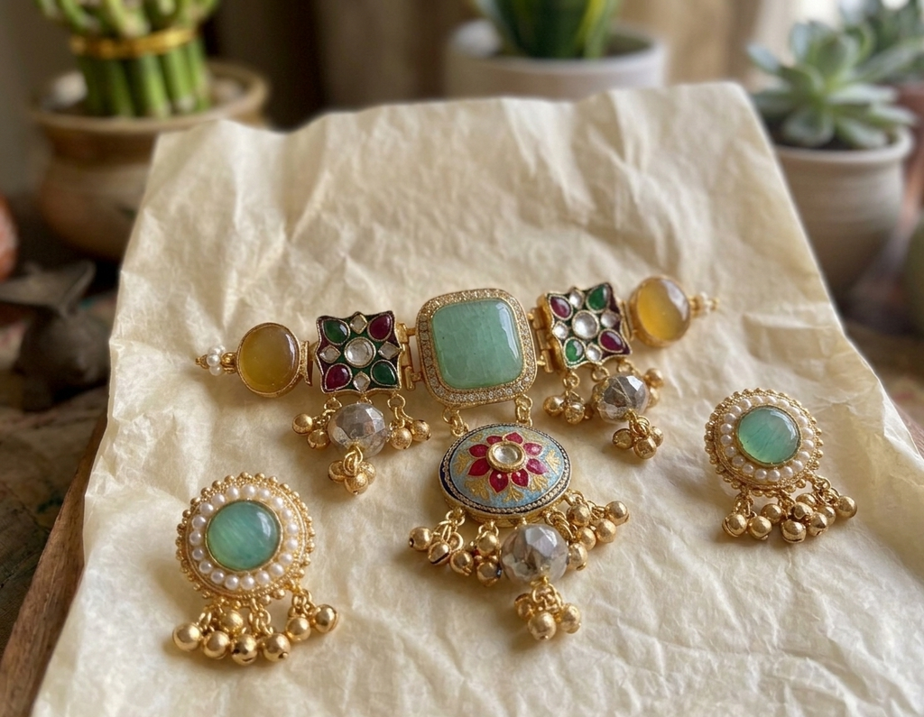 Kashmiri brass choker with earrings- Mint green