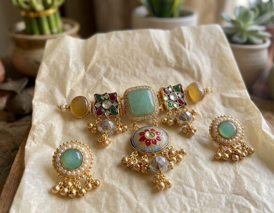 Kashmiri brass choker with earrings- Mint green
