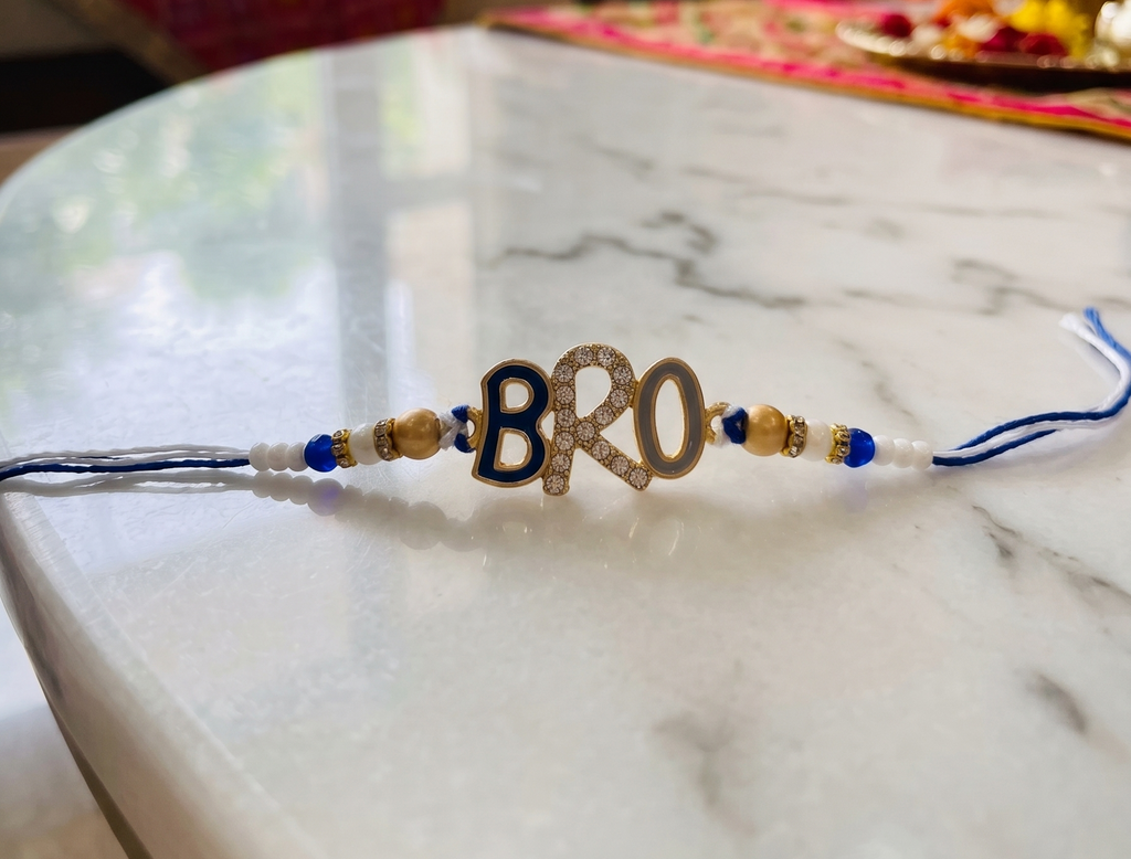 TNT Designs Stylish BRO Letter Rakhi for Brother | Navy Blue Gold Twisted Thread Rakhi with Bead Accents | BRO Design for Brother with Diamond Studded Letters