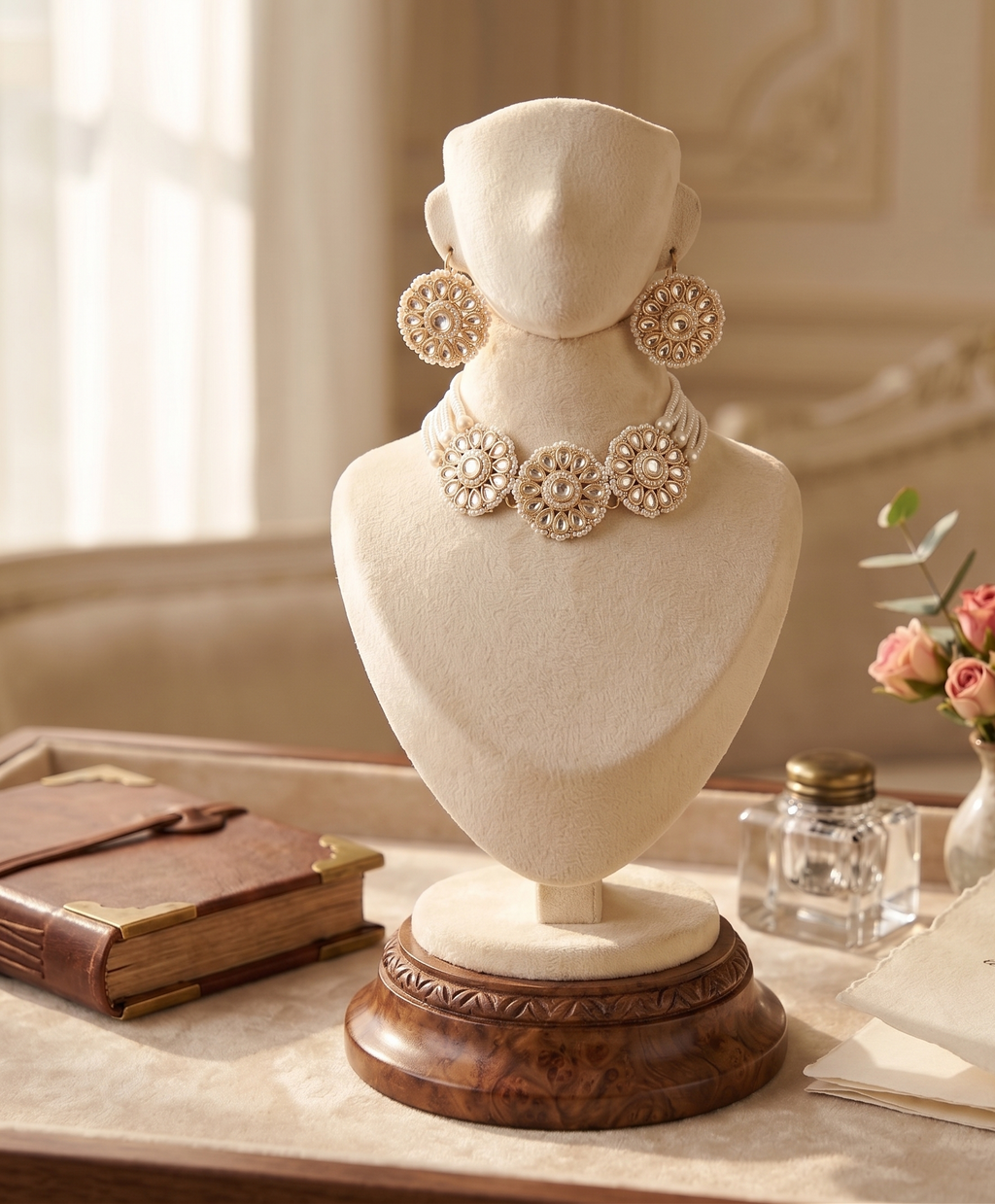 Sejal Kundan Choker and Earring Set, Gold-Toned, Pearl Embellished, Floral Medallion Design, Traditional Indian Jewellery