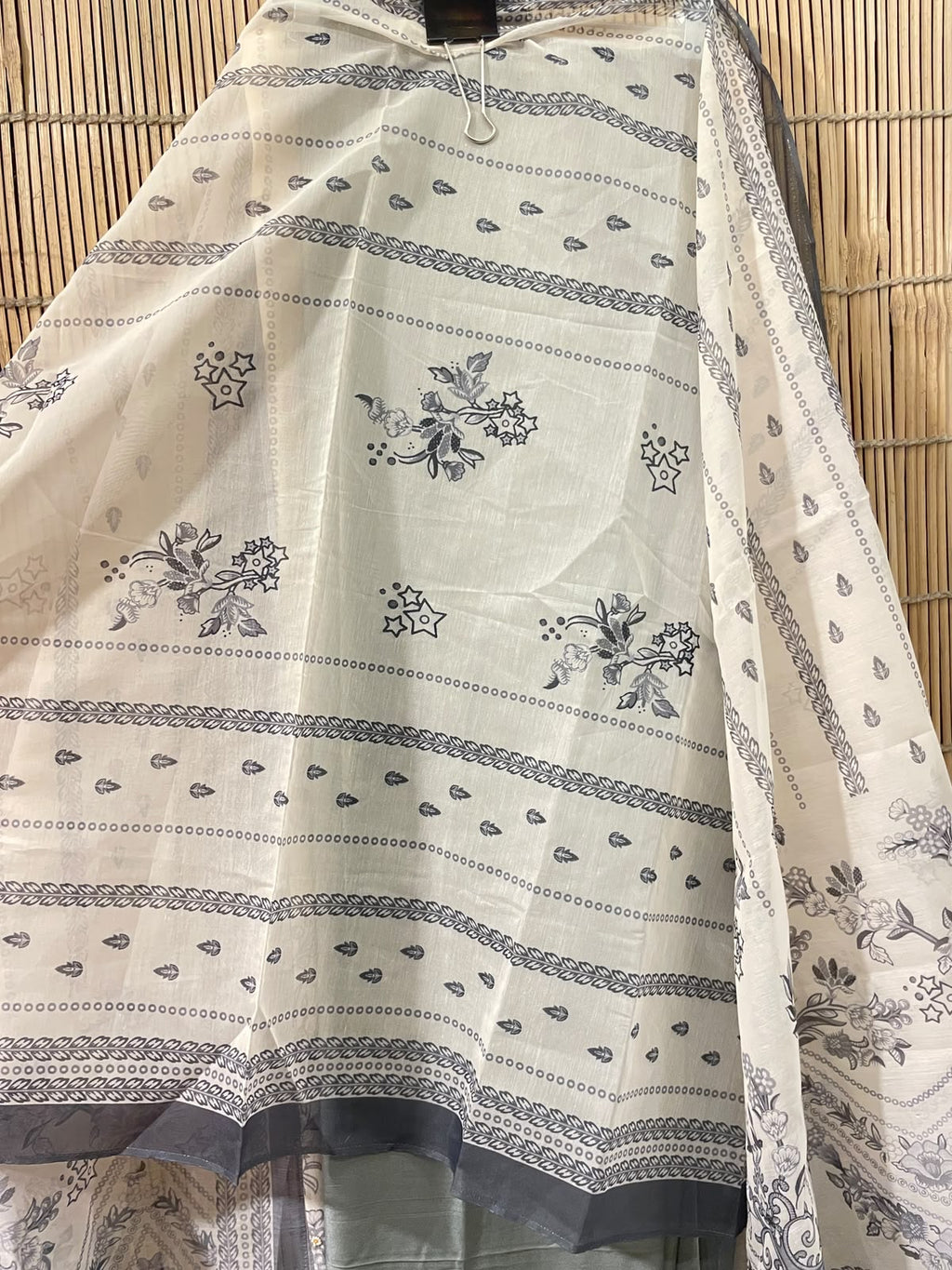 Elegant Ivory & Grey Floral Printed Suit Set | Unstitched Suit Fabric