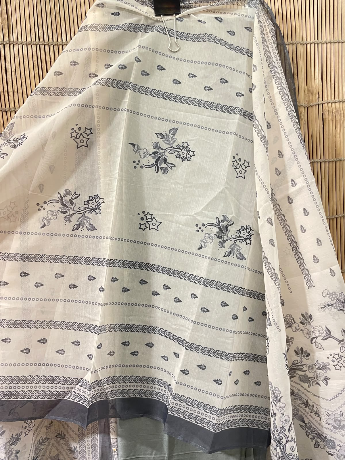 Elegant Ivory & Grey Floral Printed Suit Set | Unstitched Suit Fabric