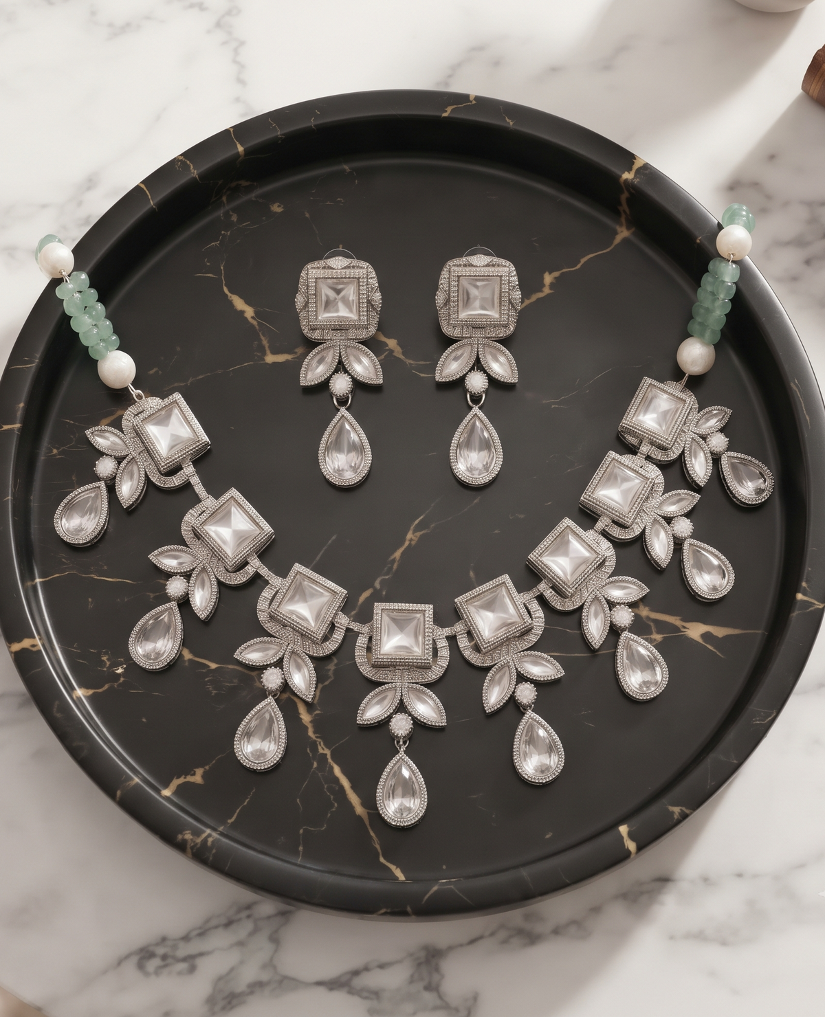 Maahi Elegant Mint Green & Silver-Tone Kundan Necklace Set