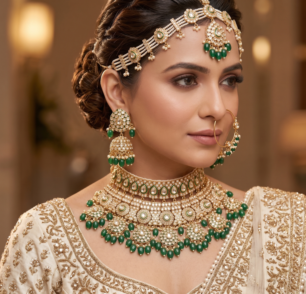 Katyayani bridal necklace set | Kundan Bridal Necklace Set with Jhumka Earrings, Nath and Sheeshpatti, Gold-Toned, Green Beads, Traditional Indian Style