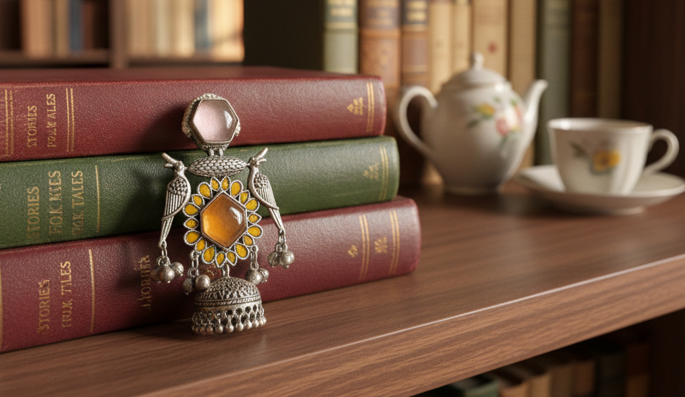 Shahaana big peacock oxidised jhumkis