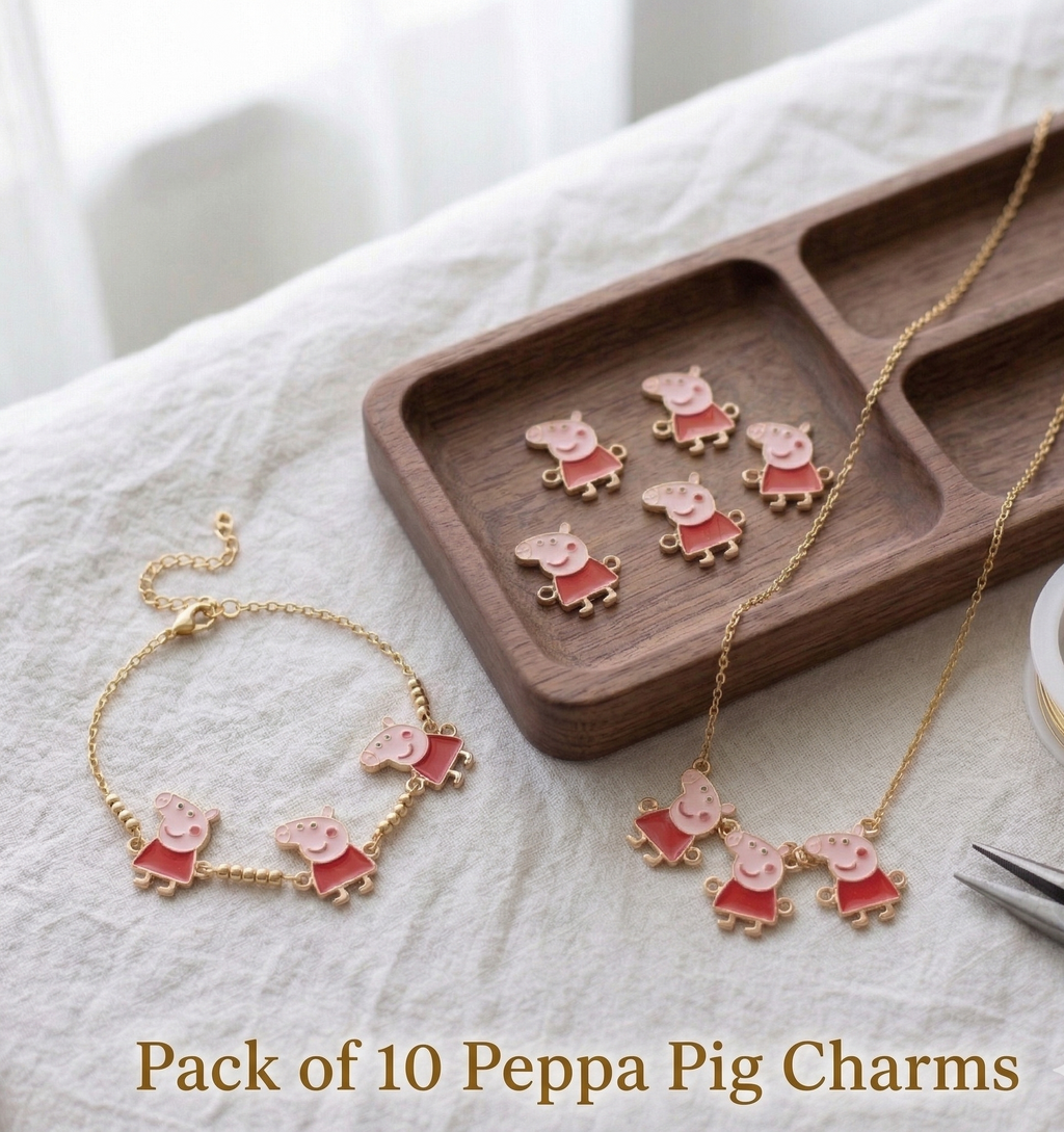 Enamel Peppa Pig Charm Pendants for Necklace and Bracelet, DIY Jewellery Making, 10 Pieces, Pack of 10 charms