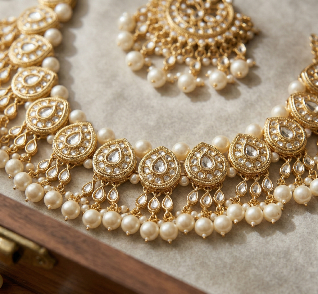 Nayantara kundan necklace set with earrings and teeka
