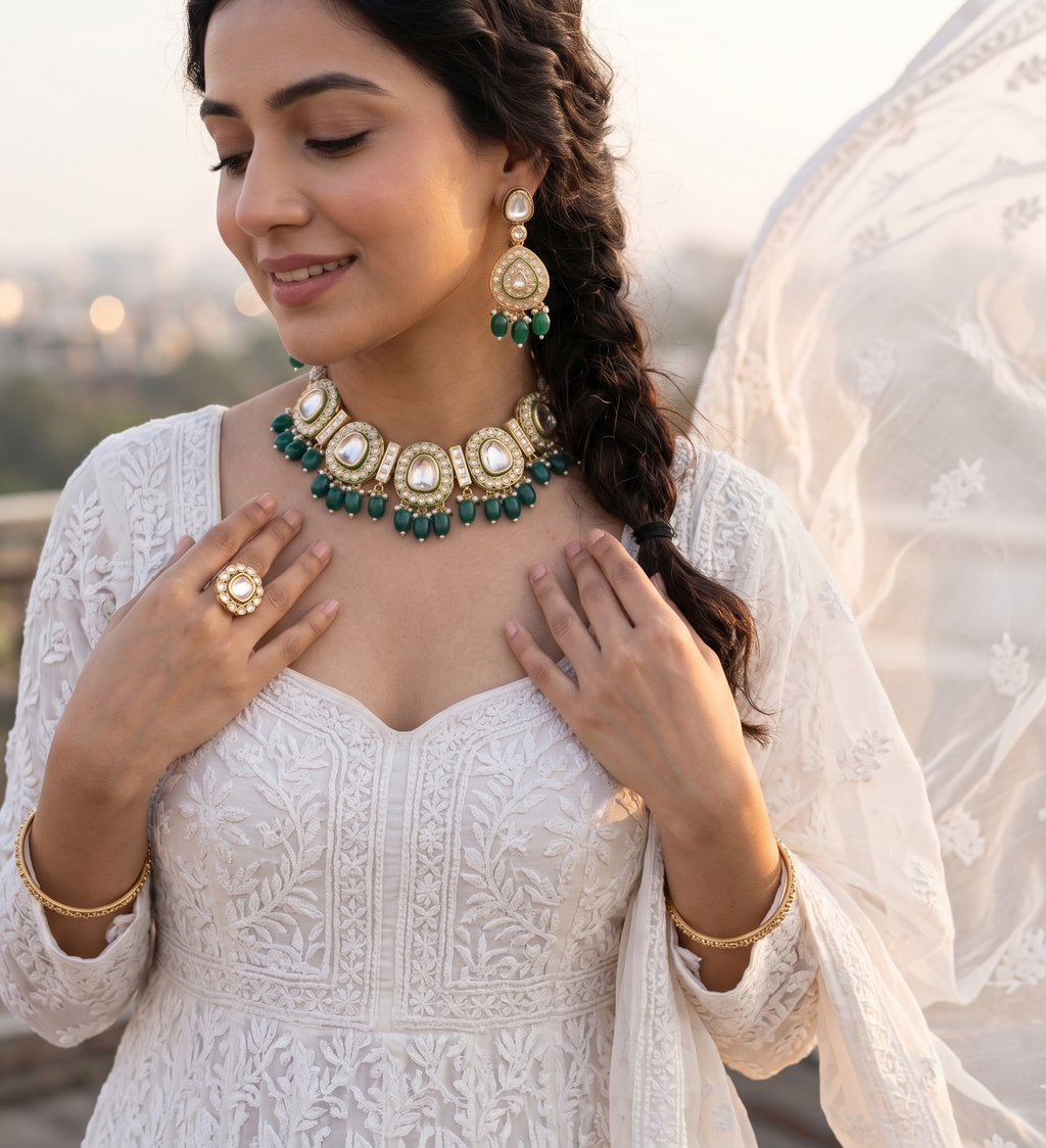 Kushmanda choker necklace set | Kundan Necklace and Earring Set, Gold-Toned with Green Beads, Pearl Embellished, Traditional Bridal Jewellery