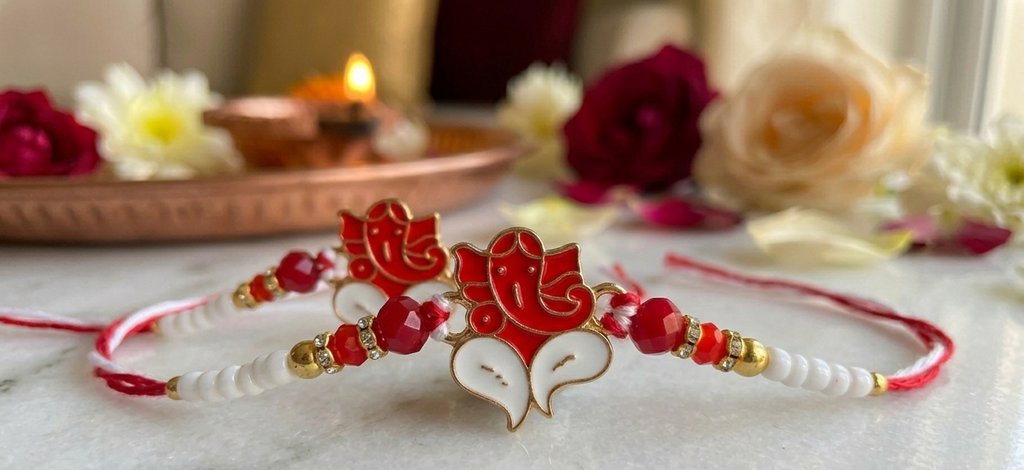 TNT Lord Ganesha Rakhi for Brother | Designer Red & White Beaded| Traditional Raksha Bandhan Rakhi for Bhai
