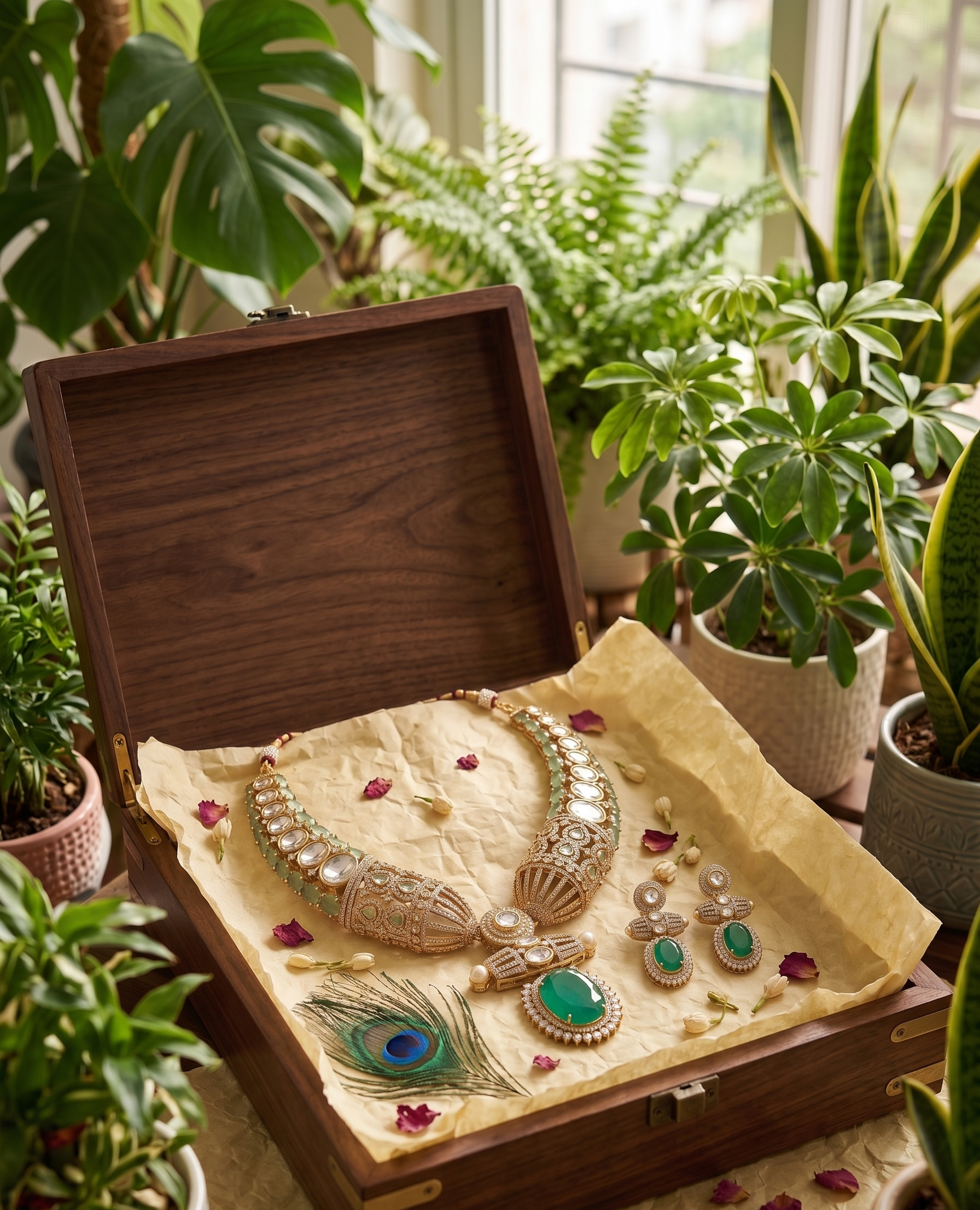 Karisma Kundan Necklace Set with Earrings, Green Stone, Gold-Toned, Bridal Indian Jewellery