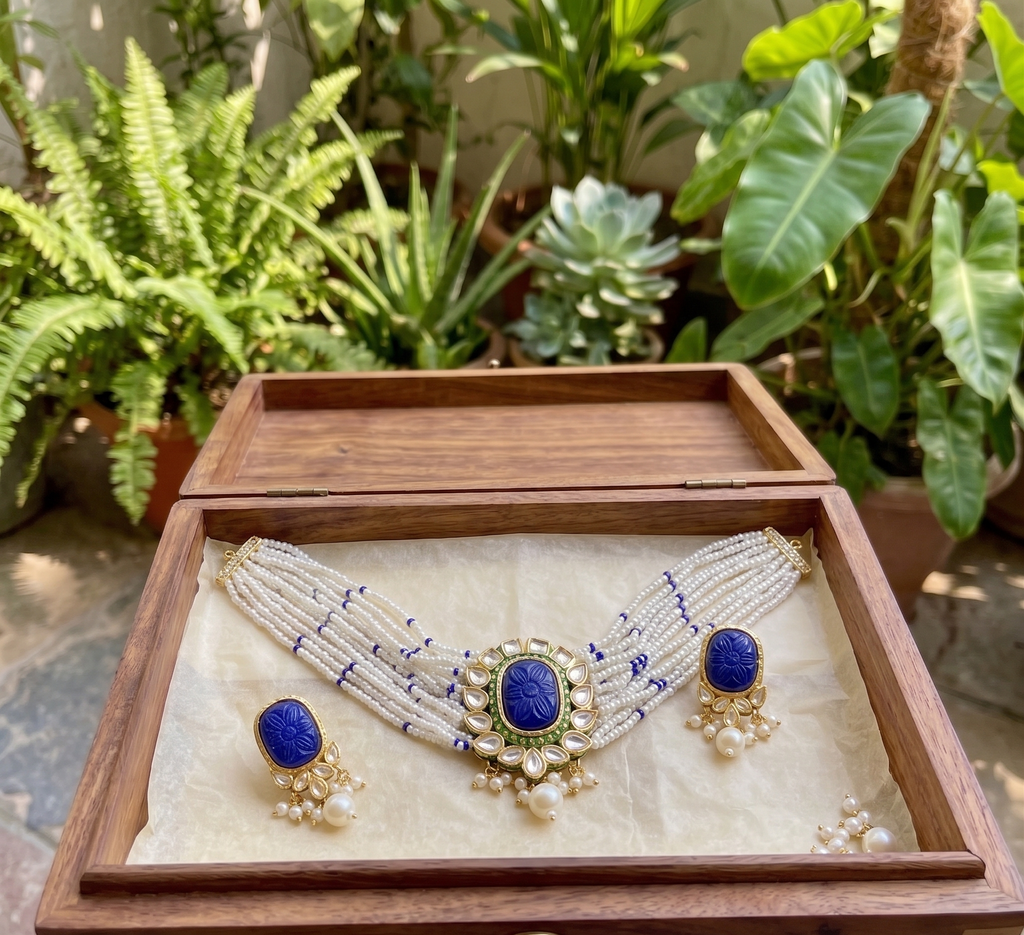 Beena pearl choker set | Kundan Necklace Set with Pearl Beads, Blue Carved Stone Pendant, Gold-Toned Traditional Jewellery
