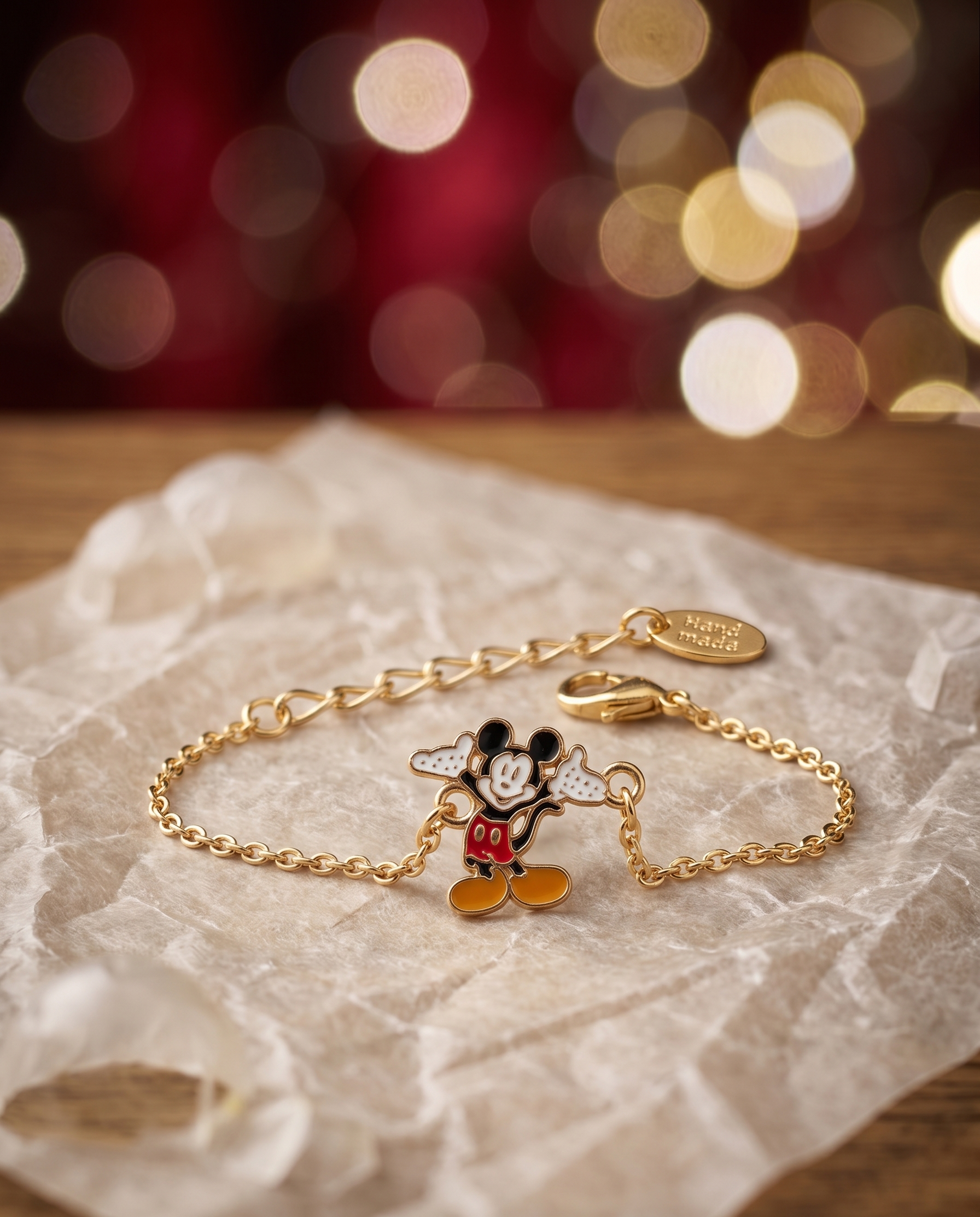 Mickey Mouse Charm Bracelet, Gold-Tone Chain, Enamel Pendant, Disney Theme, Handmade, 2 to 8 years