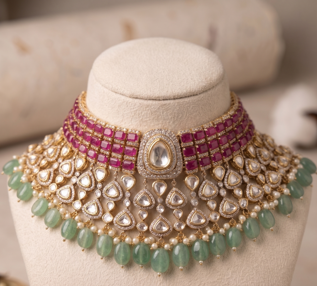 Shagun Royal Mint Kundan Choker Set | Victorian bridal necklace set | Moissanite necklace set