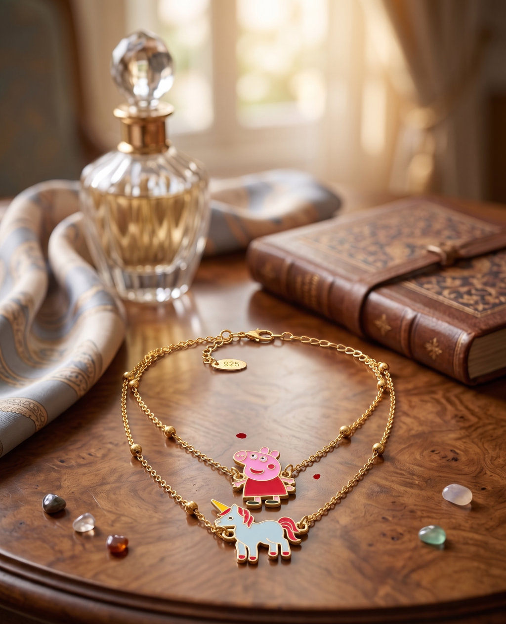 Kids Layered Necklace with Cartoon Peppa Pig and Unicorn Enamel Pendants, Gold-Toned Chain | 3 to 10 years