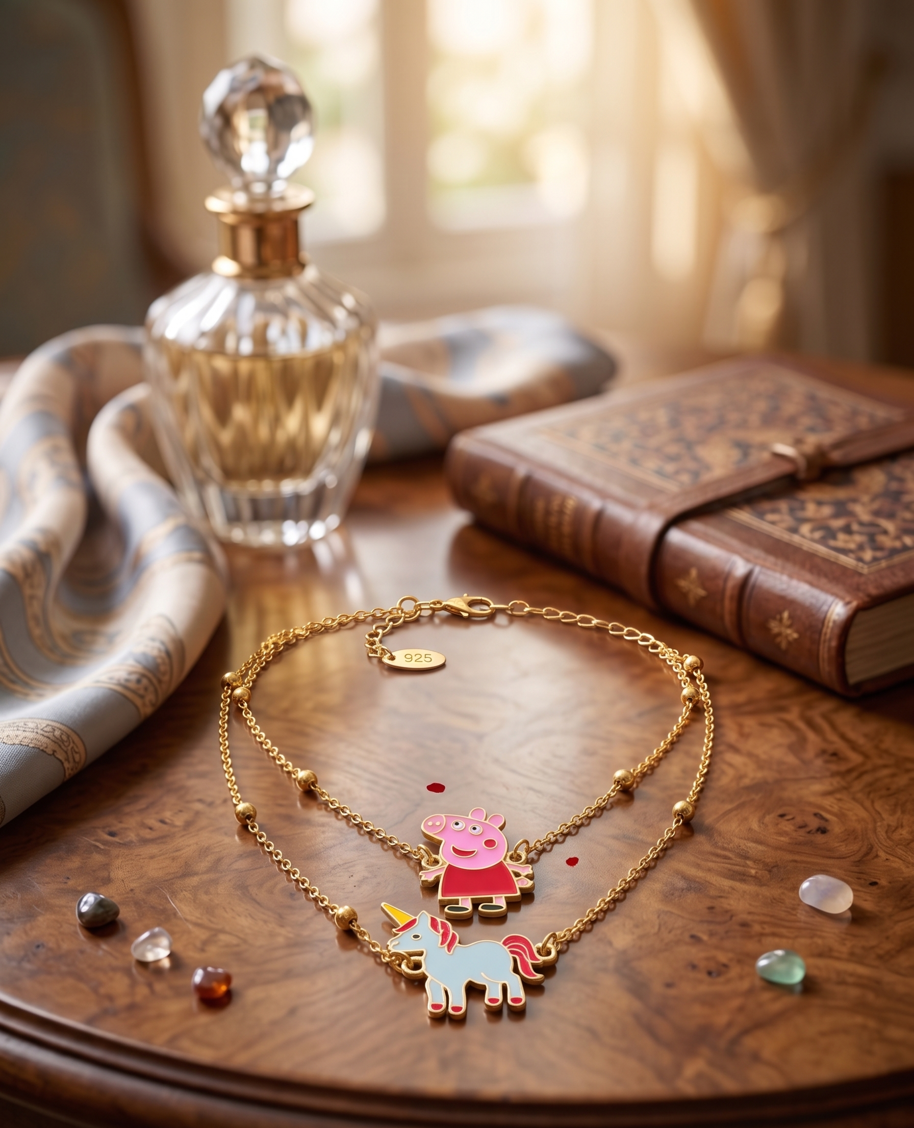 Kids Layered Necklace with Cartoon Peppa Pig and Unicorn Enamel Pendants, Gold-Toned Chain | 3 to 10 years