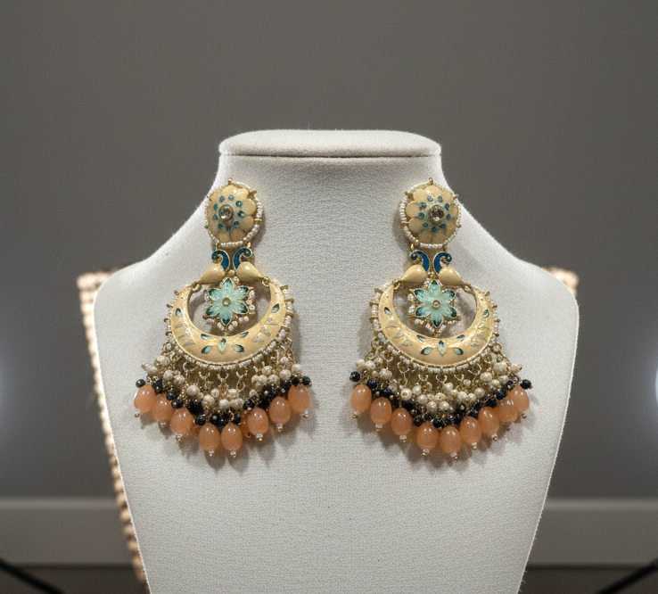 Nina chandbali earrings- Peach and blue
