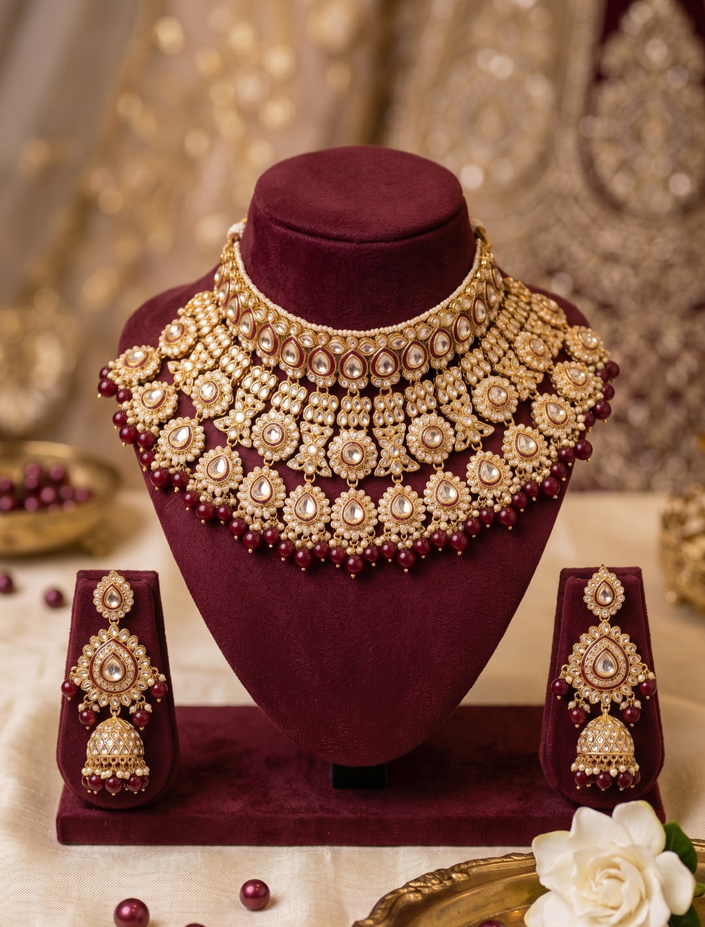 Lalitha bridal set | Bridal Kundan Choker Necklace Set with Jhumka Earrings, Gold-Toned, Maroon Beads, Traditional Indian Jewellery
