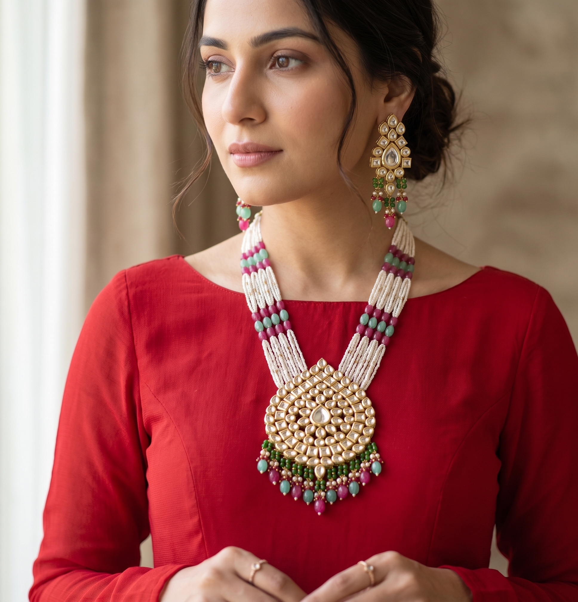 Sheetla long kundan necklace set | Kundan Pendant Necklace Set with Pearl Beads, Red and Green Drops, Earrings Included