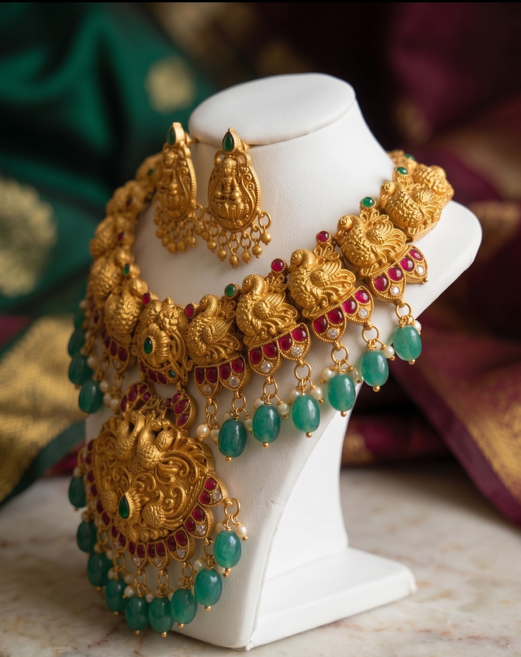 Mrinalini temple necklace set | Temple Jewellery Necklace Set, Gold-Toned with Red, Green Beads and Pearls, Traditional Indian Style