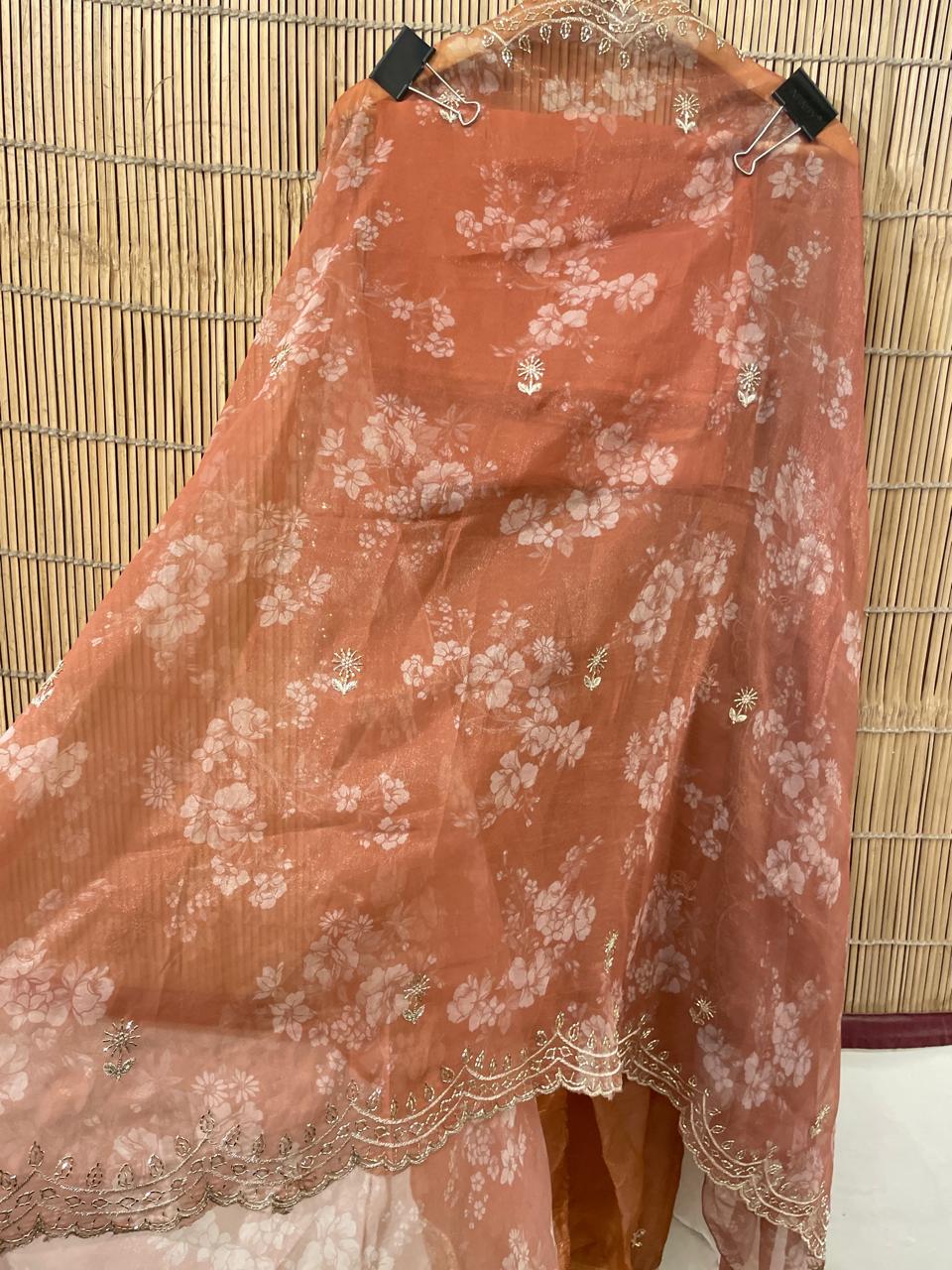 Rust Orange Embroidered Designer Suit Set | Pure Crepe Unstitched Suit Fabric
