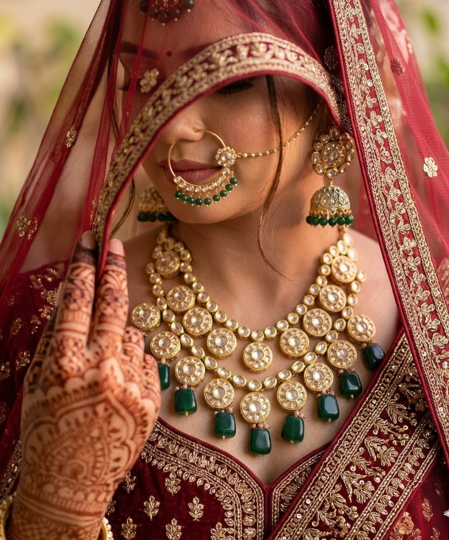 Kalratri bridal necklace set | Kundan Bridal Necklace Set with Jhumka Earrings, Maang Tikka, Sheesh Patti and Nath