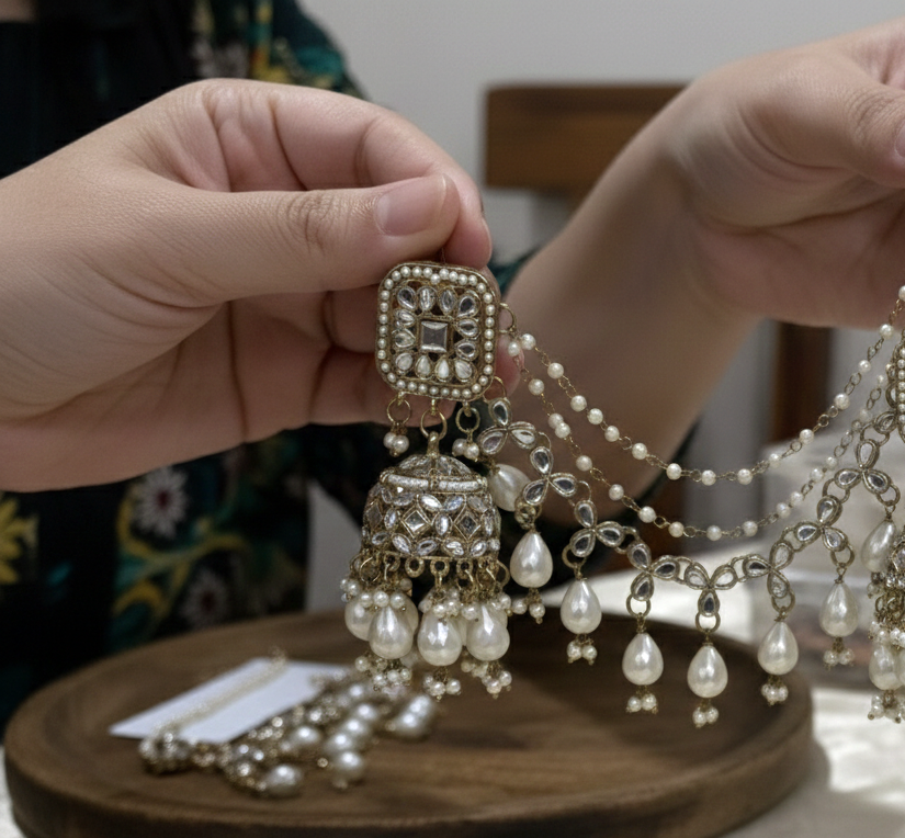 Aishwarya kundan earrings with earchains and maang teeka