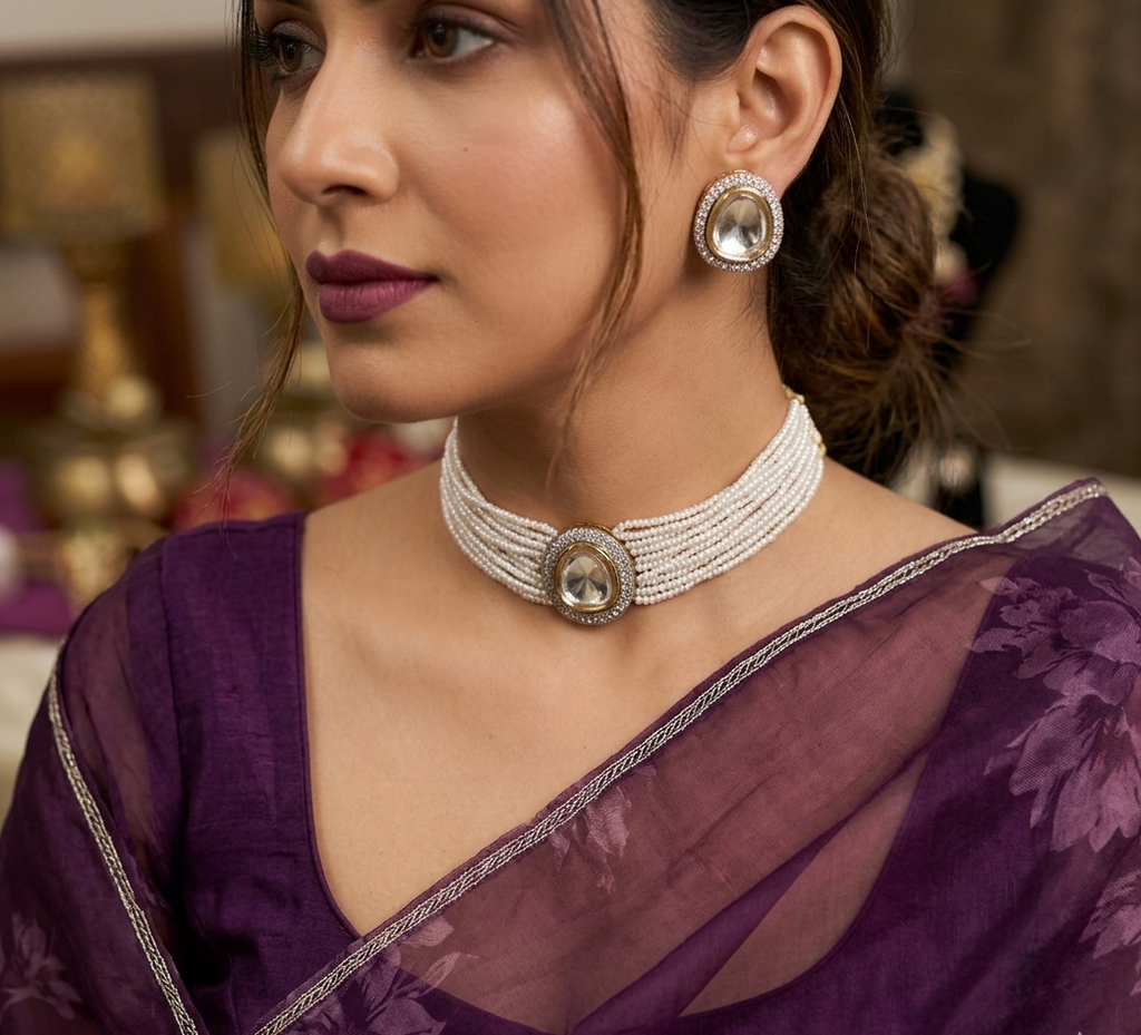Shree pearl choker set with polki stones | Multi-Strand Pearl Beaded Choker Necklace Set with Kundan Earrings, White and Gold Tone
