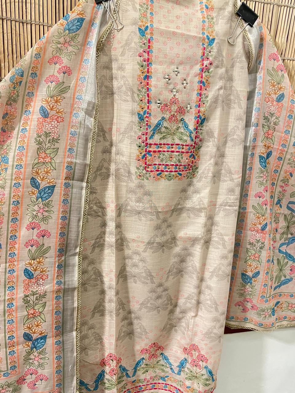 Ivory Floral & Peacock Embroidered Suit Set | Unstitched Suit fabric