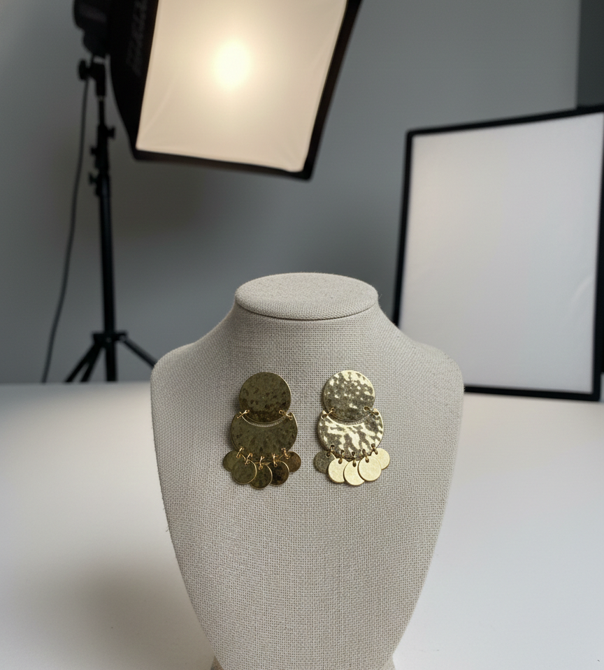 Sana Golden Hammered Geometric Earrings, Statement Jewelry