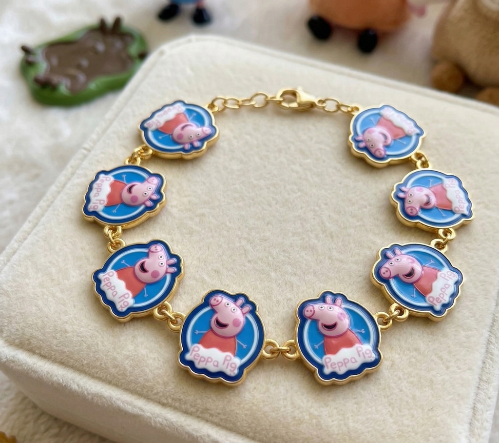 Peppa Pig metal Charms, Golden Tone, Round, DIY Jewellery Making Connectors, Set of 5