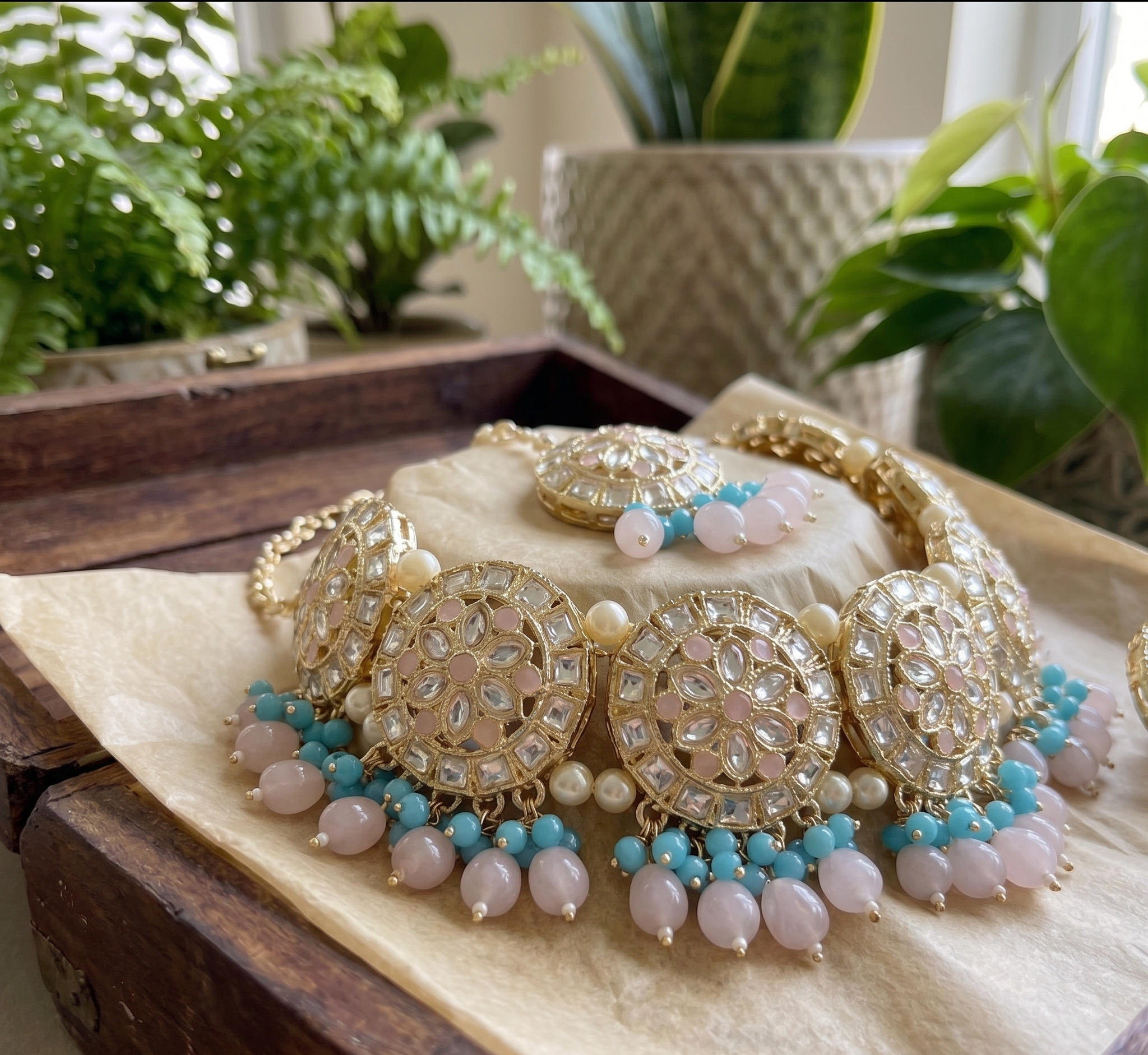 Maheshwari choker set | Gold-Toned Choker Necklace Set with Earrings and Maang Tikka, Pink and Blue Beads, Kundan Style