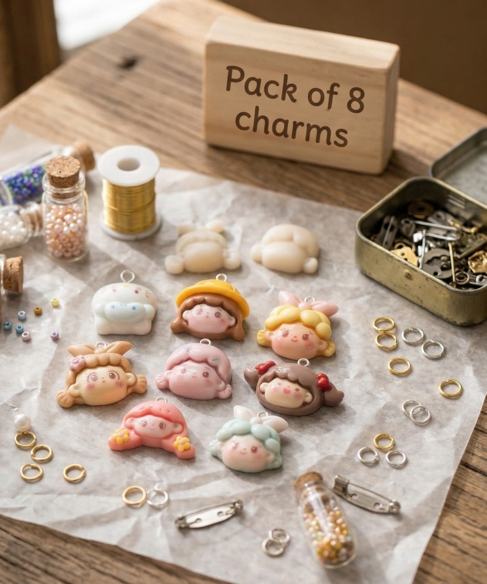 Cute Cartoon Girl Resin Charms, Kawaii Doll Face Pendants for Jewellery Making, Set of 8