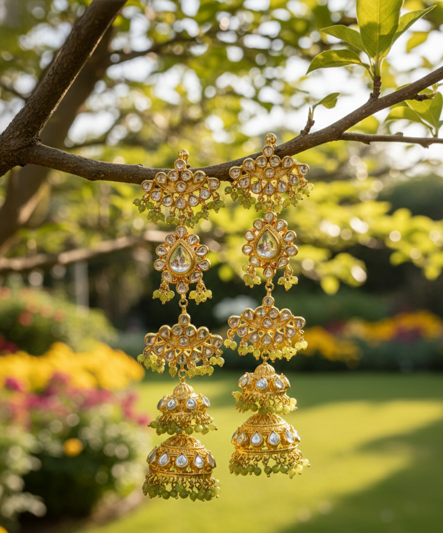 Green jhumar earrings with kaanchain