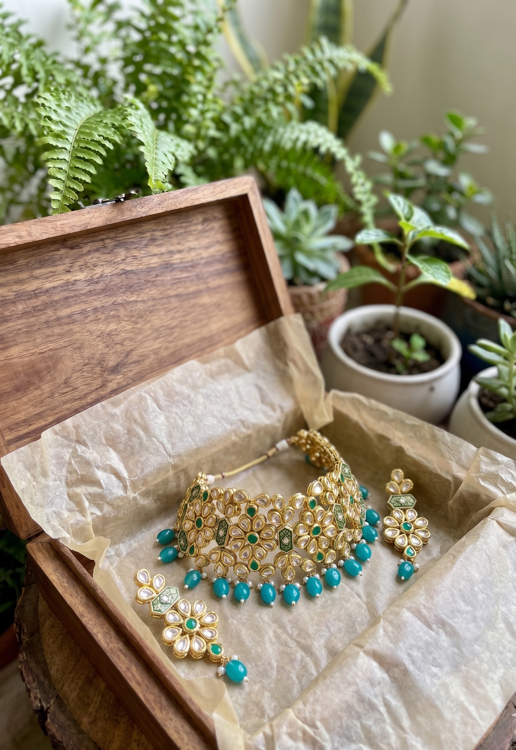 Ana kundan choker set | Kundan Choker Necklace Set with Earrings, Gold-Toned, Turquoise and Green Beads, Floral Design