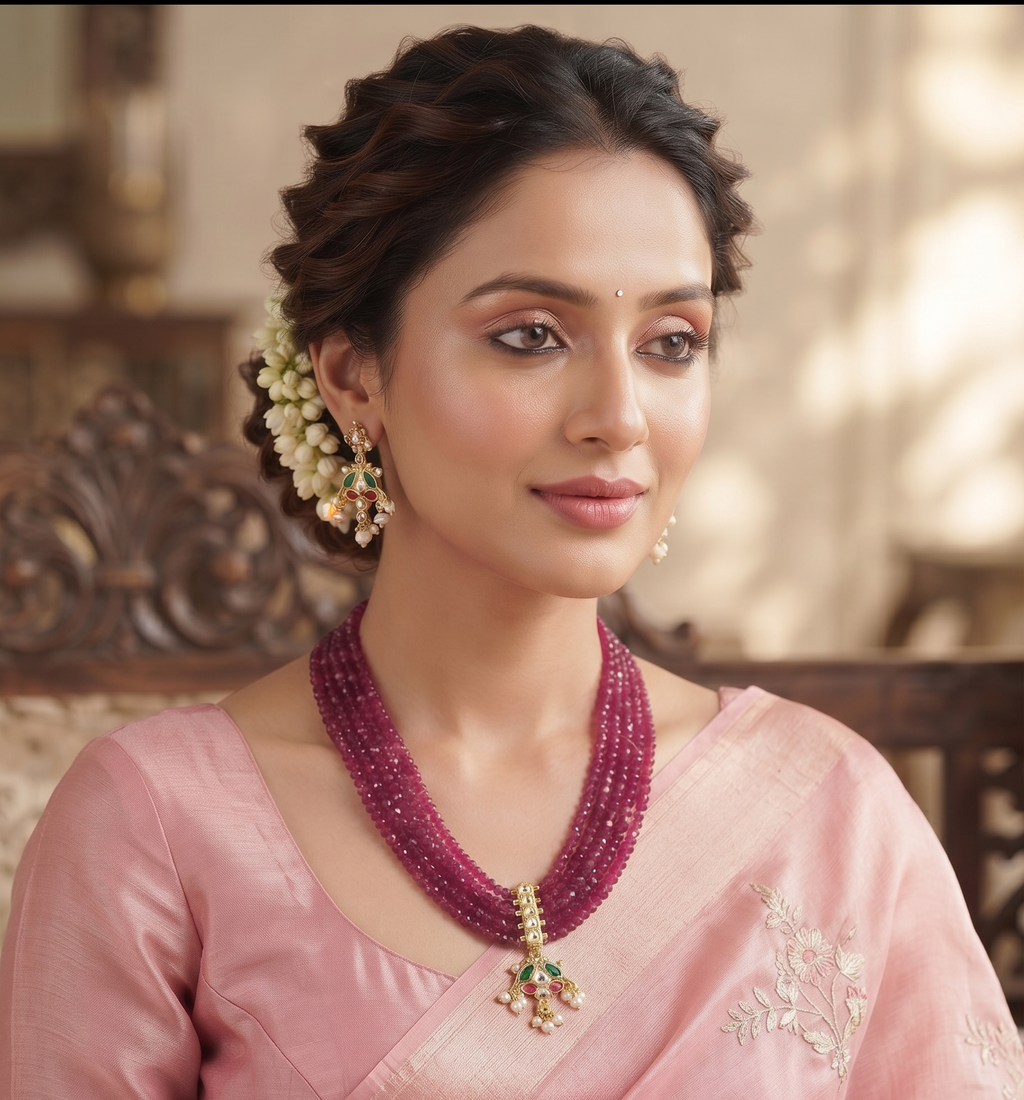 Kamya Royal Ruby Beaded Necklace Set with Kundan Pendant
