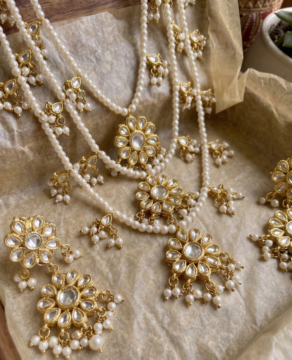 Abhilasha Kundan Choker Necklace and Strand Necklace with Earrings, Gold-Toned with Pearl Drops, Bridal Jewellery | Set of 2 necklace sets