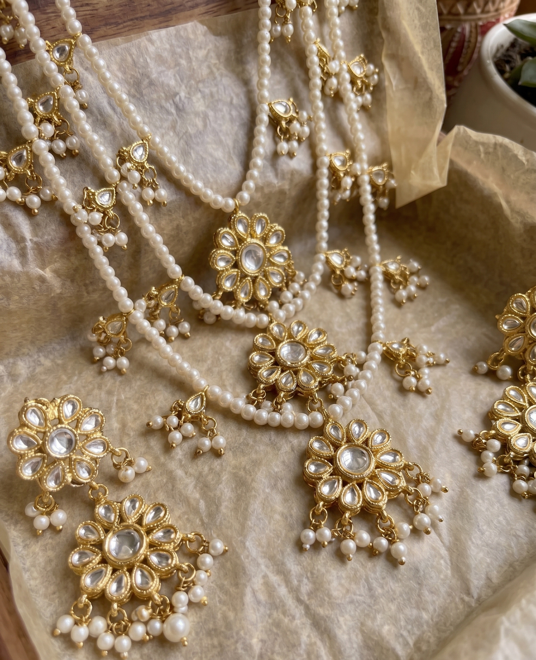 Abhilasha Kundan Choker Necklace and Strand Necklace with Earrings, Gold-Toned with Pearl Drops, Bridal Jewellery | Set of 2 necklace sets